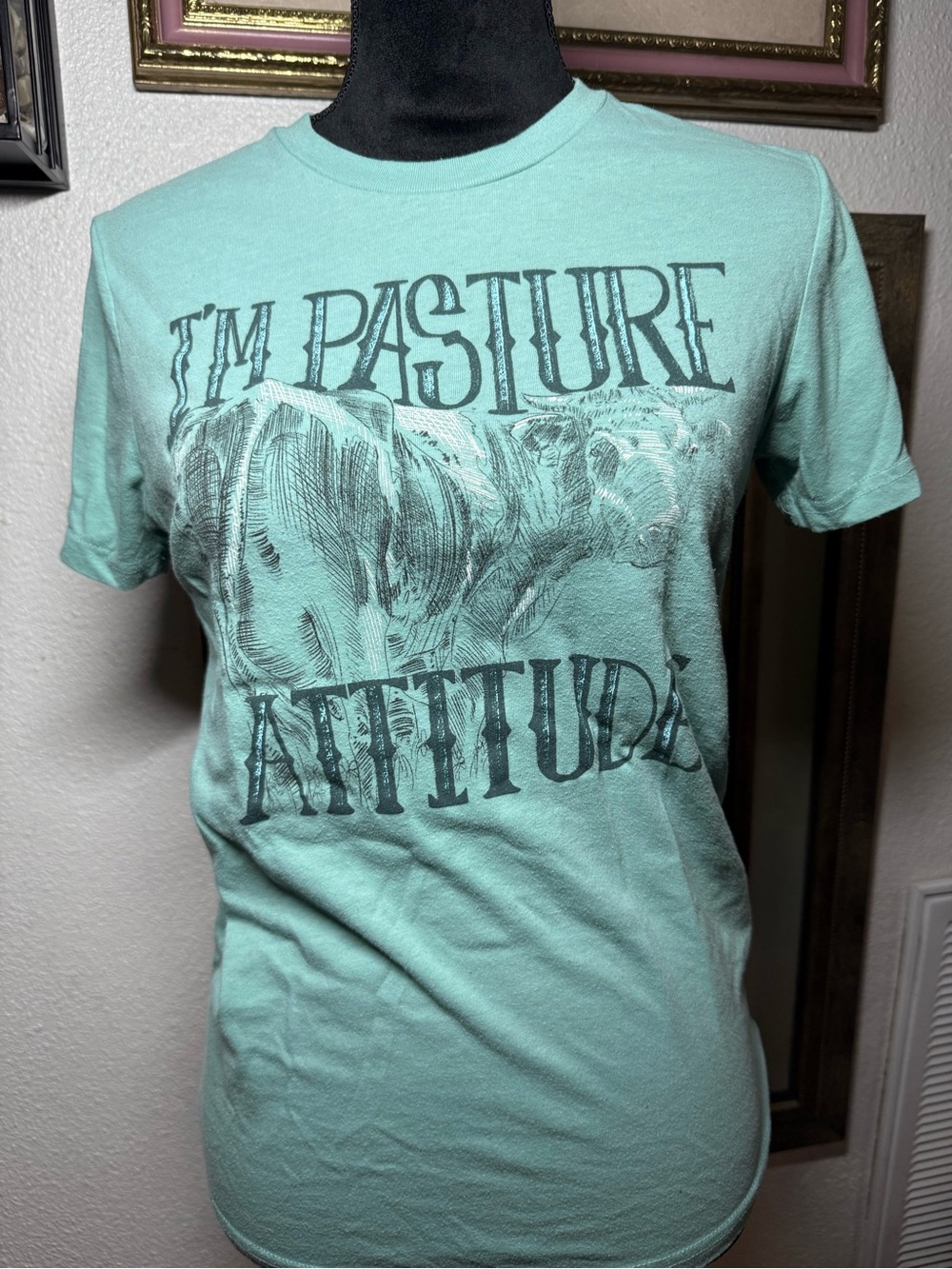 Farm to Market •Size S• Mint Green Cow Graphic Tee Im Pasture Attitude Western